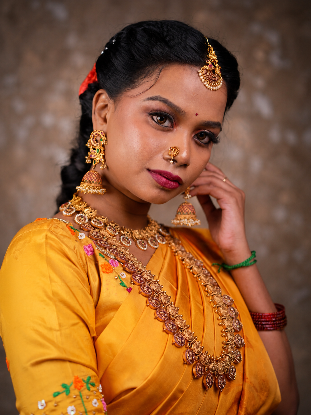 Closeup yellow bridal makeup portrait